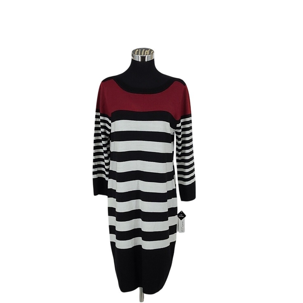 Studio One New York Striped Sweater Dress Burgundy Black Ivory 63711 LRG